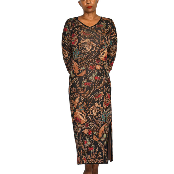 Peruvian Connection Floral Dress Black Tapestry Jacquard Long Sleeves Long Small - Picture 8 of 15